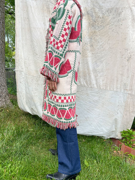 Vintage 1980's Watermelon Print Blanket Coat Cotton Fringe