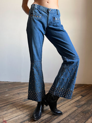 Vintage 1970's Heavily Studded Blue Jeans, Low Cut, 70's