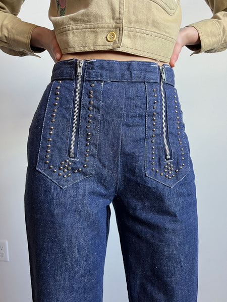 Vintage Early 1970's High Waist Jeans, Disco, Studded with Front Zippers