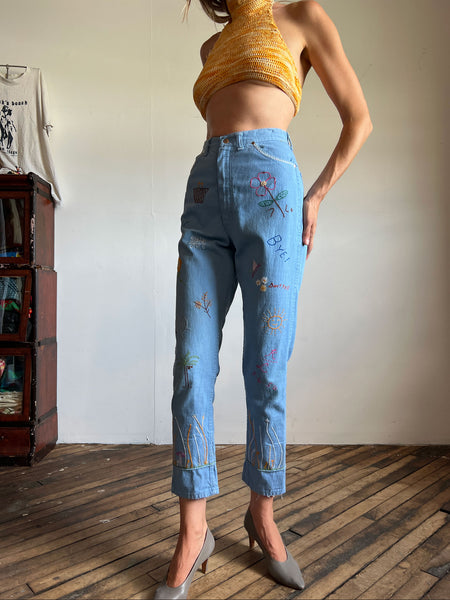 Vintage 1950's 1960's Embroidered Denim Jeans, Wrangler Women's