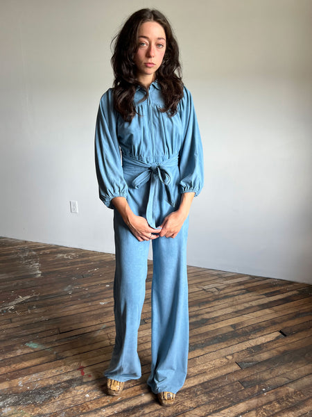Vintage 1960s 1970s Oops California Blue Ultrasuede Jumpsuit with Balloon Style Sleeves