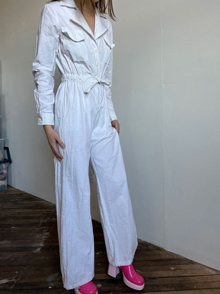 Vintage Early 1970's Foxy Lady Brand White Cotton Jumpsuit, 60's 70's Womens