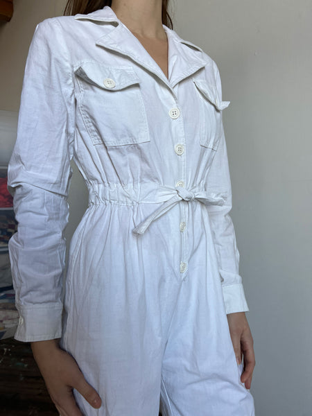 Vintage Early 1970's Foxy Lady Brand White Cotton Jumpsuit, 60's 70's Womens