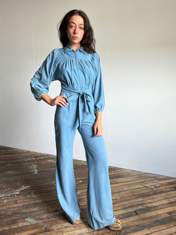 Vintage 1960s 1970s Oops California Blue Ultrasuede Jumpsuit with Balloon Style Sleeves