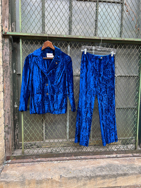 Vintage 1970's Junior House Crushed Velvet Royal Blue Pant Set
