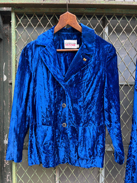 Vintage 1970's Junior House Crushed Velvet Royal Blue Pant Set