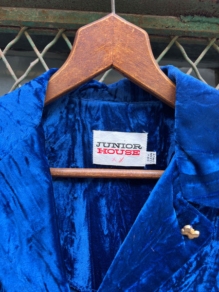 Vintage 1970's Junior House Crushed Velvet Royal Blue Pant Set