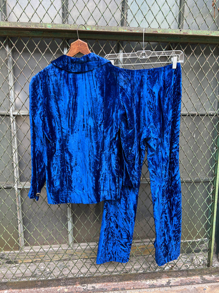 Vintage 1970's Junior House Crushed Velvet Royal Blue Pant Set