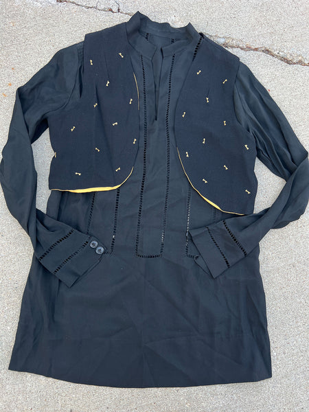 Antique 1920's Women's Silk Blouse with Metal Key Details, Two Piece Blouse and Vest Set, 20's