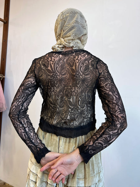 Antique Black Long Sleeved Floral Lace Top