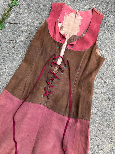 Vintage 1960's - 1970's Leather Handmade Dress Lace Up, Hippie