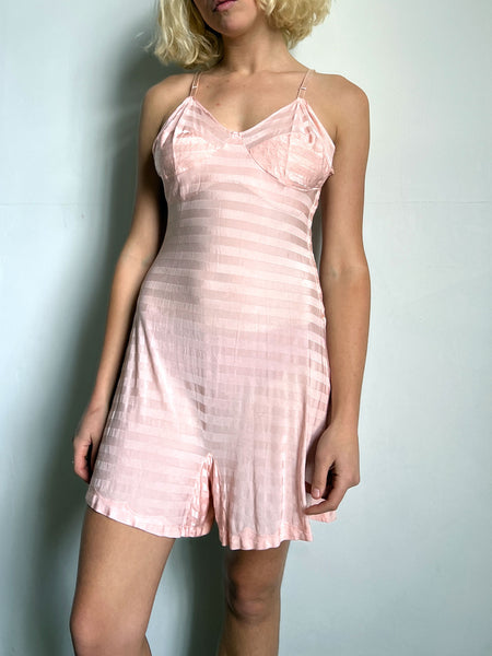 Vintage 1930's Pink Rayon Jersey Striped Nighty, One Piece Romper