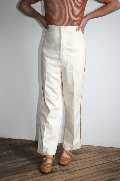 Vintage 1940's - 1950's White Button Fly Pants with Striped Sides, 40's - 50's Menswear