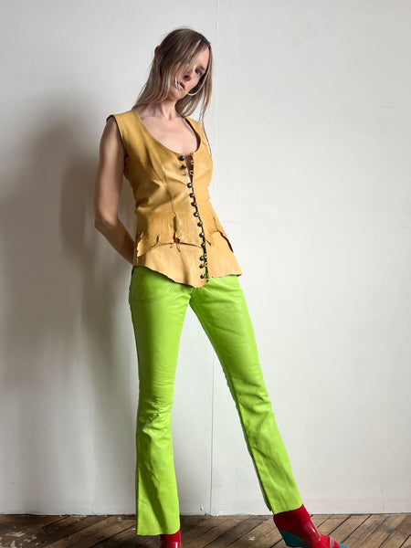 Vintage Early 1970's Lime Green Leather Pants, Women's