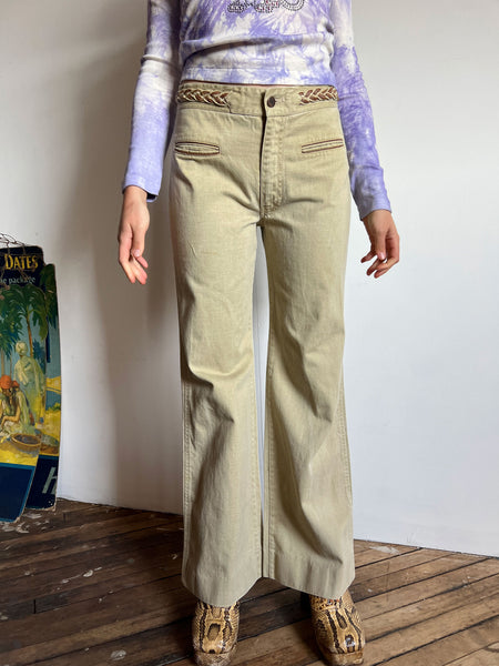 Vintage 1960's - Early 1970's Khaki Jeans with Braided Waist Band, Cotton, 70's Women's