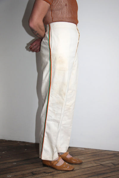 Vintage 1940's - 1950's White Button Fly Pants with Striped Sides, 40's - 50's Menswear