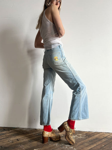 Vintage 1970's Light Wash Denim Jeans with Embroidered Pockets, Women's 70's