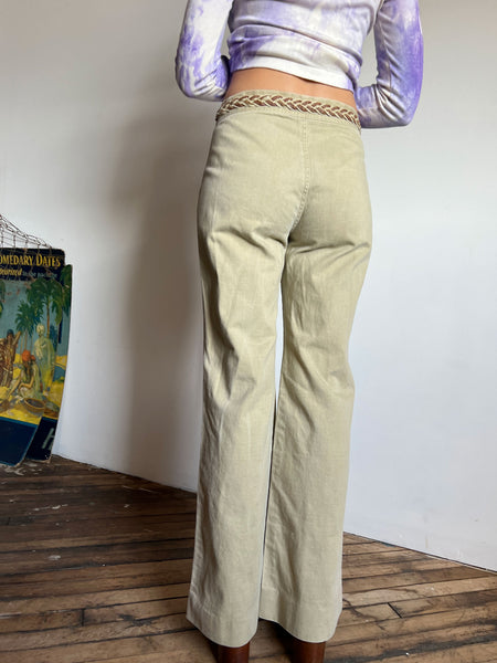 Vintage 1960's - Early 1970's Khaki Jeans with Braided Waist Band, Cotton, 70's Women's