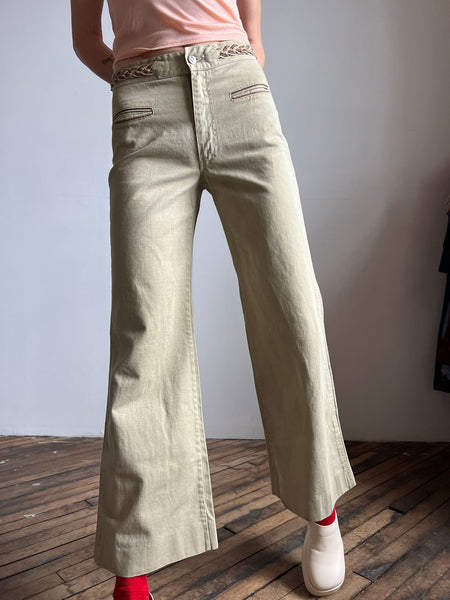 Vintage 1960's - Early 1970's Khaki Jeans with Braided Waist Band, Cotton, 70's Women's