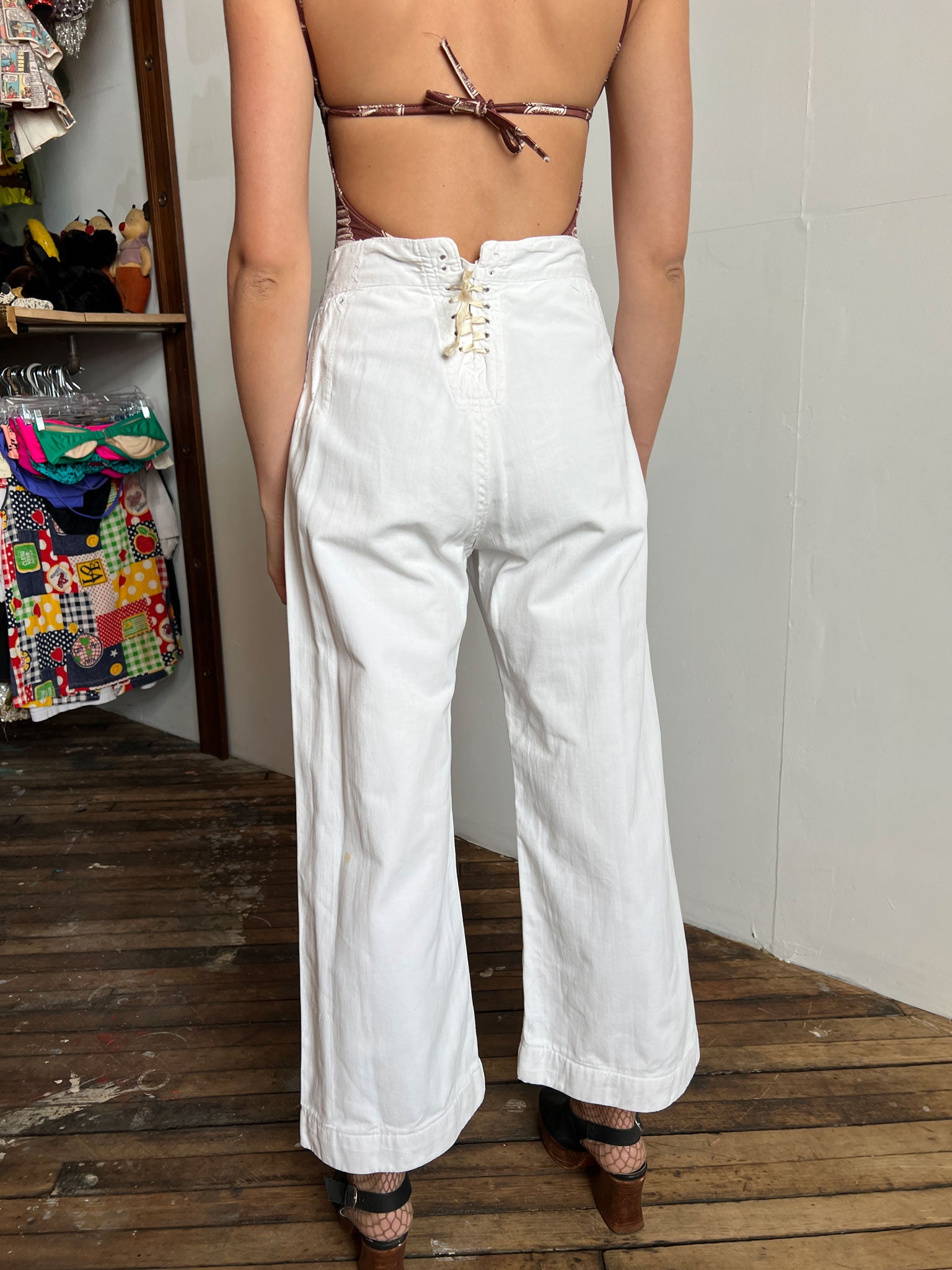 Vintage 1940's White Lace Back Sailor Pants, Cotton