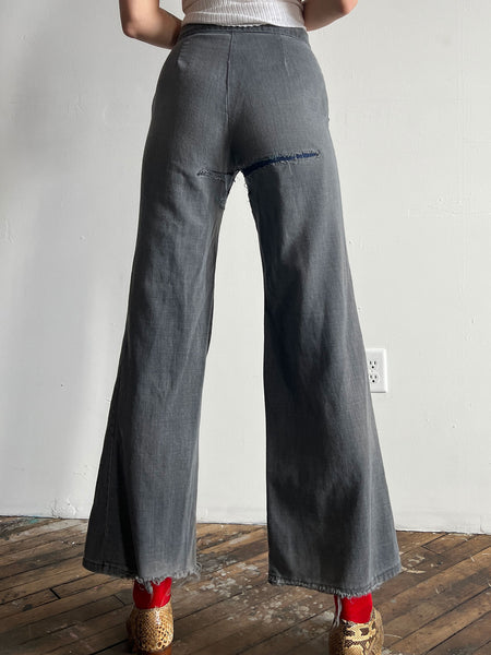 Vintage 1970's Grey Pants - Denim with I'm Harmless Patch, Women's Hippie