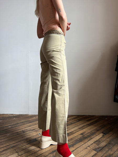 Vintage 1960's - Early 1970's Khaki Jeans with Braided Waist Band, Cotton, 70's Women's