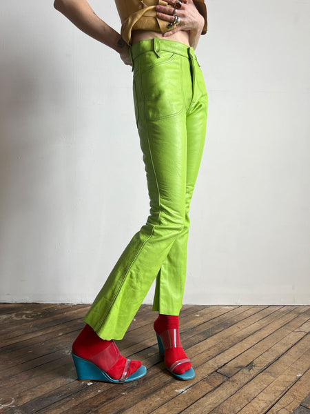 Vintage Early 1970's Lime Green Leather Pants, Women's
