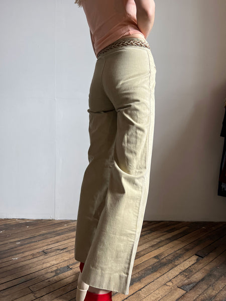 Vintage 1960's - Early 1970's Khaki Jeans with Braided Waist Band, Cotton, 70's Women's