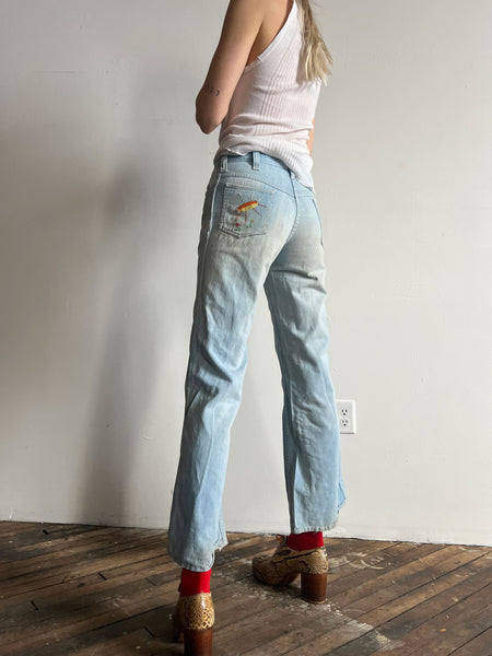 Vintage 1970's Light Wash Denim Jeans with Embroidered Pockets, Women's 70's
