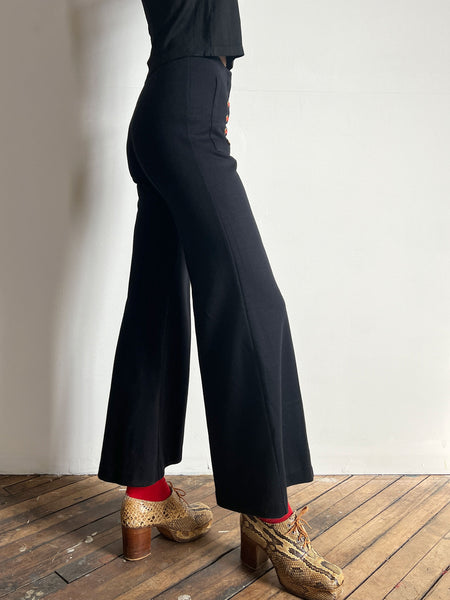 Vintage 1970's Black Knit Wide Leg Pants with Red Stitched Pockets, Women's 70's