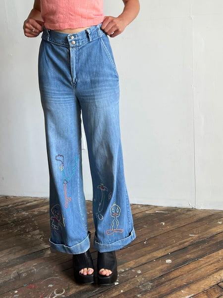 Vintage 1970's Looney Tunes Embroidered Jeans