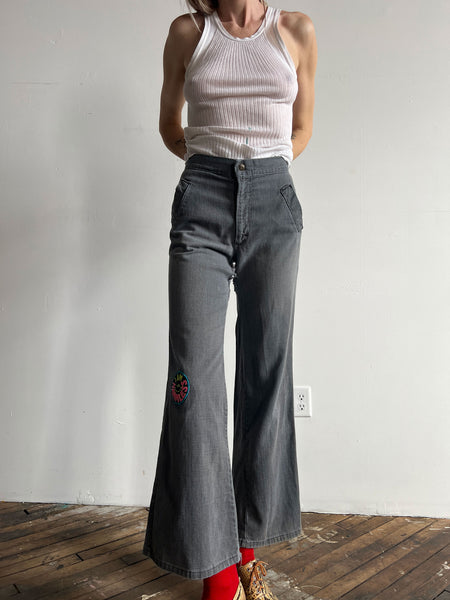 Vintage 1970's Grey Pants - Denim with I'm Harmless Patch, Women's Hippie