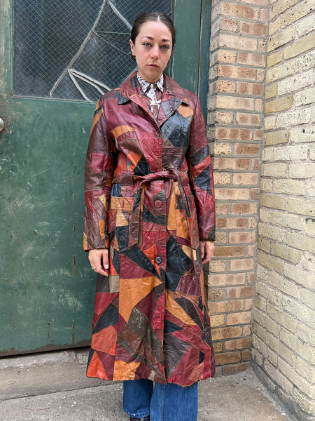 Vintage 1970's Long Patchwork Leather Trench Coat
