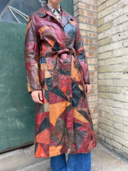 Vintage 1970's Long Patchwork Leather Trench Coat