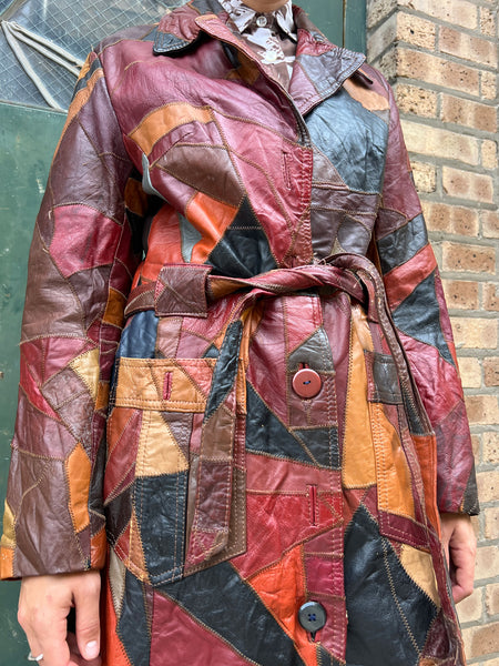 Vintage 1970's Long Patchwork Leather Trench Coat