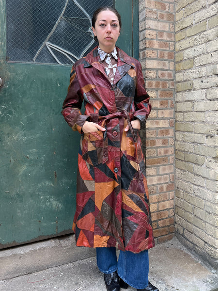 Vintage 1970's Long Patchwork Leather Trench Coat