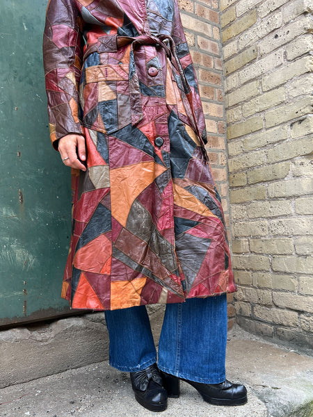 Vintage 1970's Long Patchwork Leather Trench Coat