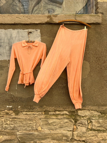 Vintage 1930's Pink Cotton Knit Set, Blouse and Pants, Loungewear