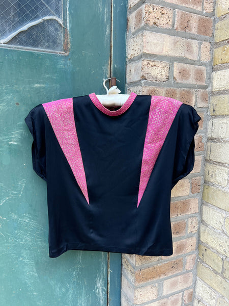 Vintage 1940's Pink Lamé and Black Rayon Jersey Blouse