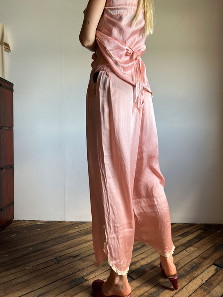 Vintage 1930's Silk Satin Pajama Set, Top and Wide Leg Pants, Lingerie, 30's 40's