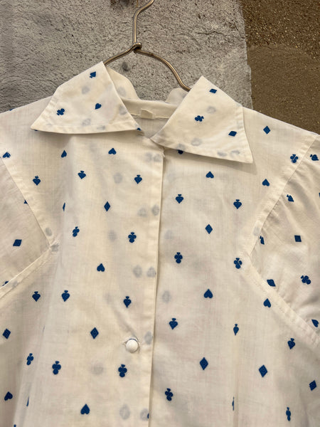 Vintage 1940's Novelty Print Blouse, Embroidered Cards