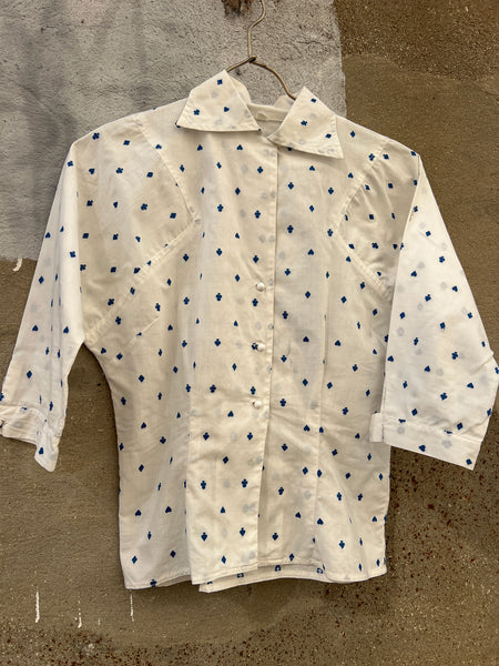 Vintage 1940's Novelty Print Blouse, Embroidered Cards