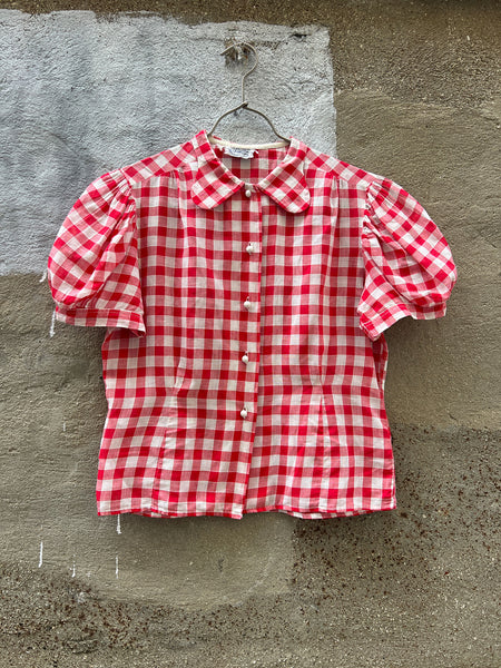 Vintage 1930's Red and White Checked Puff Sleeve Blouse