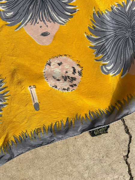 Vintage 1940's Silk Novelty Print Scarf of Crazy Lady and Lipstick