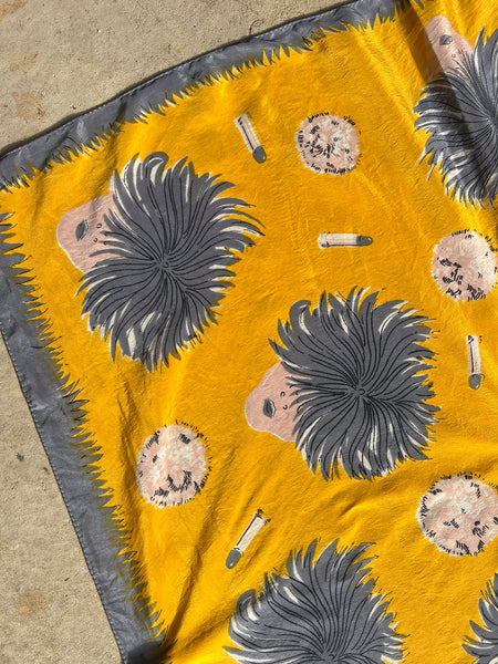 Vintage 1940's Silk Novelty Print Scarf of Crazy Lady and Lipstick