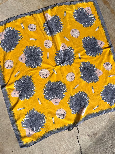Vintage 1940's Silk Novelty Print Scarf of Crazy Lady and Lipstick