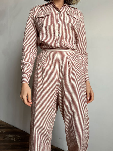 Vintage 1940's WW2 Era Women's Uniform Set, Striped Seersucker, Blouse and Pants, Military