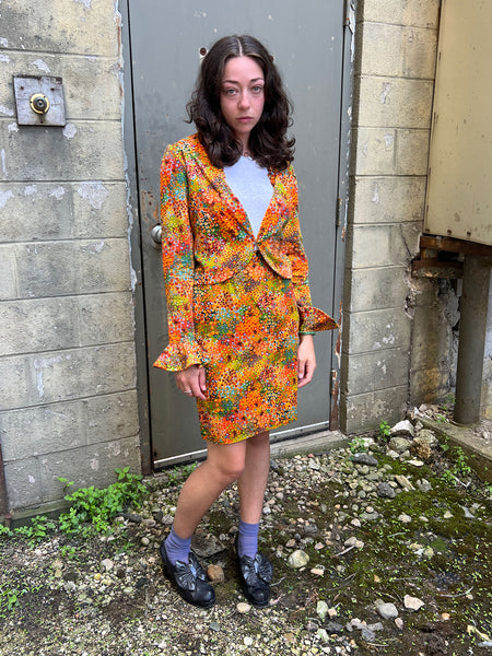 Vintage 1970's Three Piece Orange Floral Set - Matching Jacket, Pants and Skirt