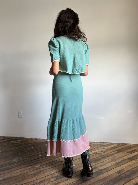 Vintage 1960's Seafoam Blue and Pink 3 Piece Dress Set, Skirt, Bra Top and Blouse