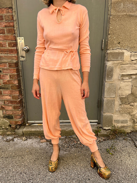 Vintage 1930's Pink Cotton Knit Set, Blouse and Pants, Loungewear
